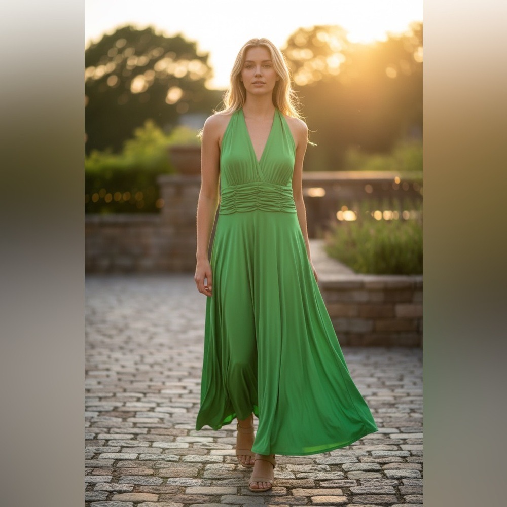 Evan-Picone Ruched Halter V-Neck Midi Dress Womens Sz 8 Green Stretch Summer New